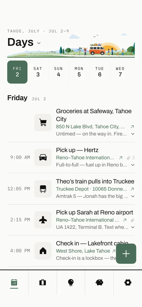 The Days page: Friday July 2 in Tahoe, with a grocery stop, the car pick-up, a train and the cabin check-in